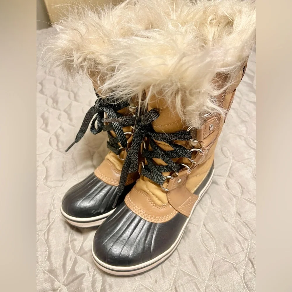 Sorel Kids Tan Brown Black Faux-Fur Lace-Up Winter Boots